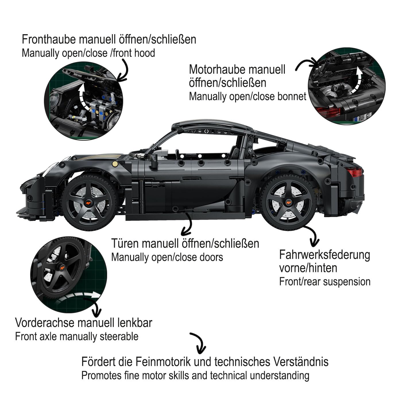 JAMARA 402874 CADA RUF GT 1:10 Bricks, zabawkowy samochód, model samochodu, wyścigowy samochód sportowy dla dzieci od 8 lat, pomysł na prezent dla dzieci, wierny design, ręczne otwieranie i zamykanie