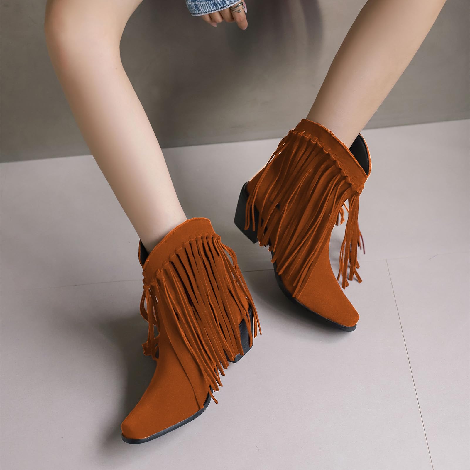 rismart Femmes Cowboy Chevilles Bottines Frangées Large Mollet Petit Bout Carré Western Bootie