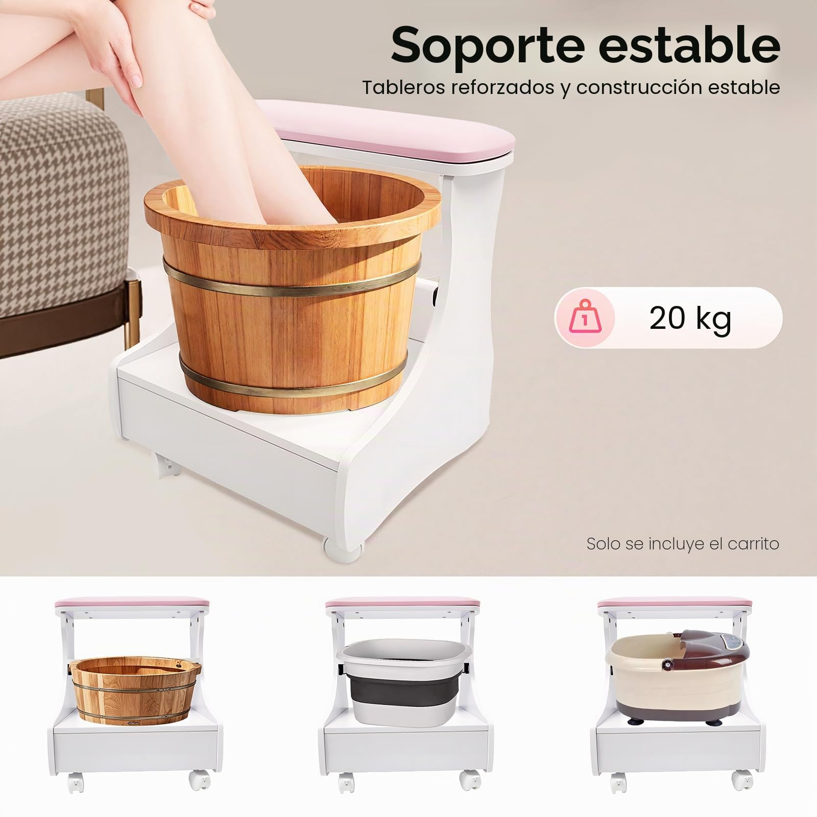Reposapiés, pedicura, descanso, taburete de maquillaje, baño de pies, manicura, muebles, carrito para baño de pies, taburete con ruedas, uso en el salón de belleza, 52 x 41 x 55 cm, reposapiés,