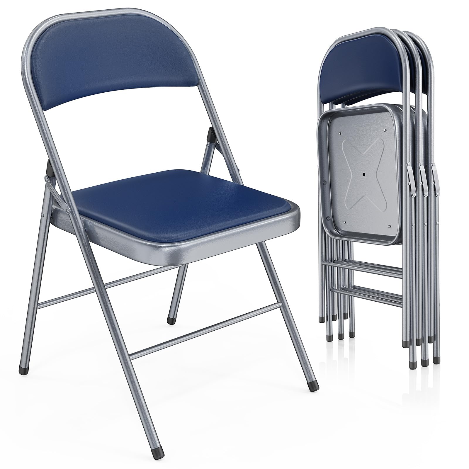 VINGLI 4 Pack Folding Chairs with Padded Seats, Metal Frame with Pu Leather Seat & Back, Capacity 350 lbs, Blue