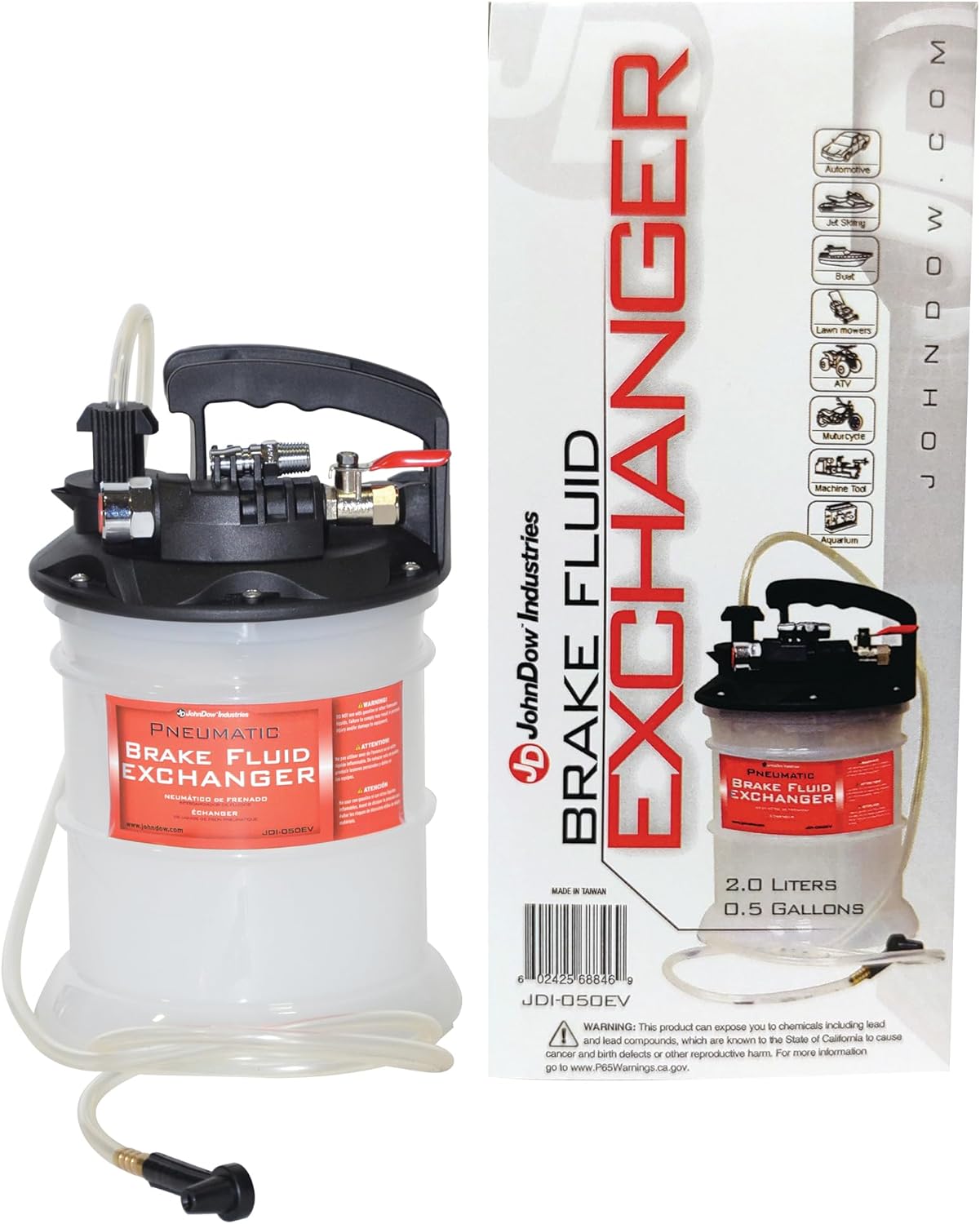 JohnDow Industries JDI-050EV Pneumatic Air Operated Brake Fluid Bleeder/Exchanger, 0.5 Gallon Capacity with Fluid Refill Bottle Included, White
