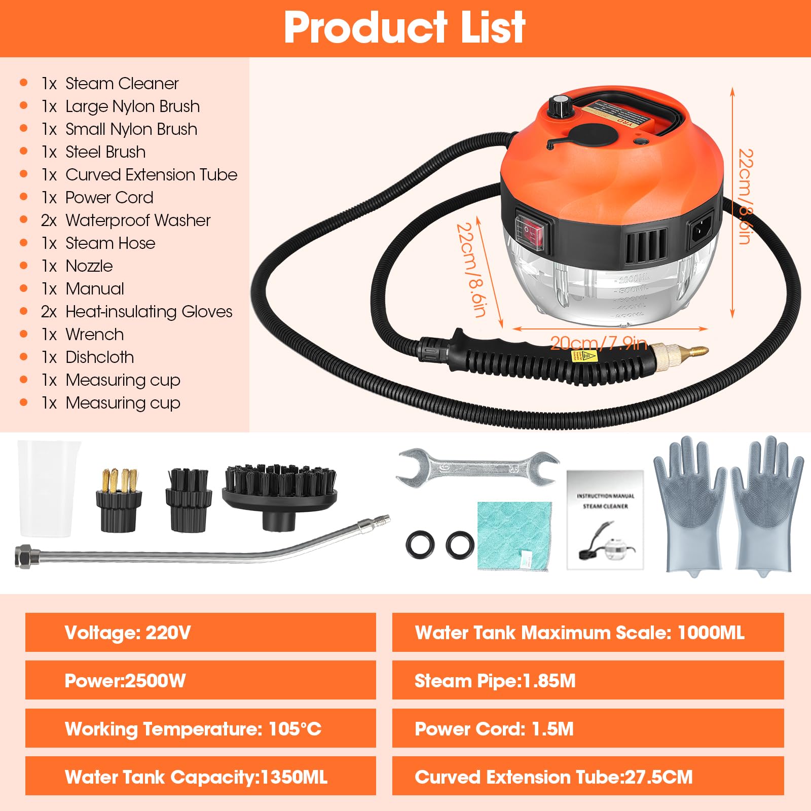 Limpiador de vapor (2500 W, alta presión, limpiador de vapor portátil de 5ª generación, con 6 cepillos multifuncionales y gran depósito 1 L, para cocina, cuarto de baño, coche, suelo y