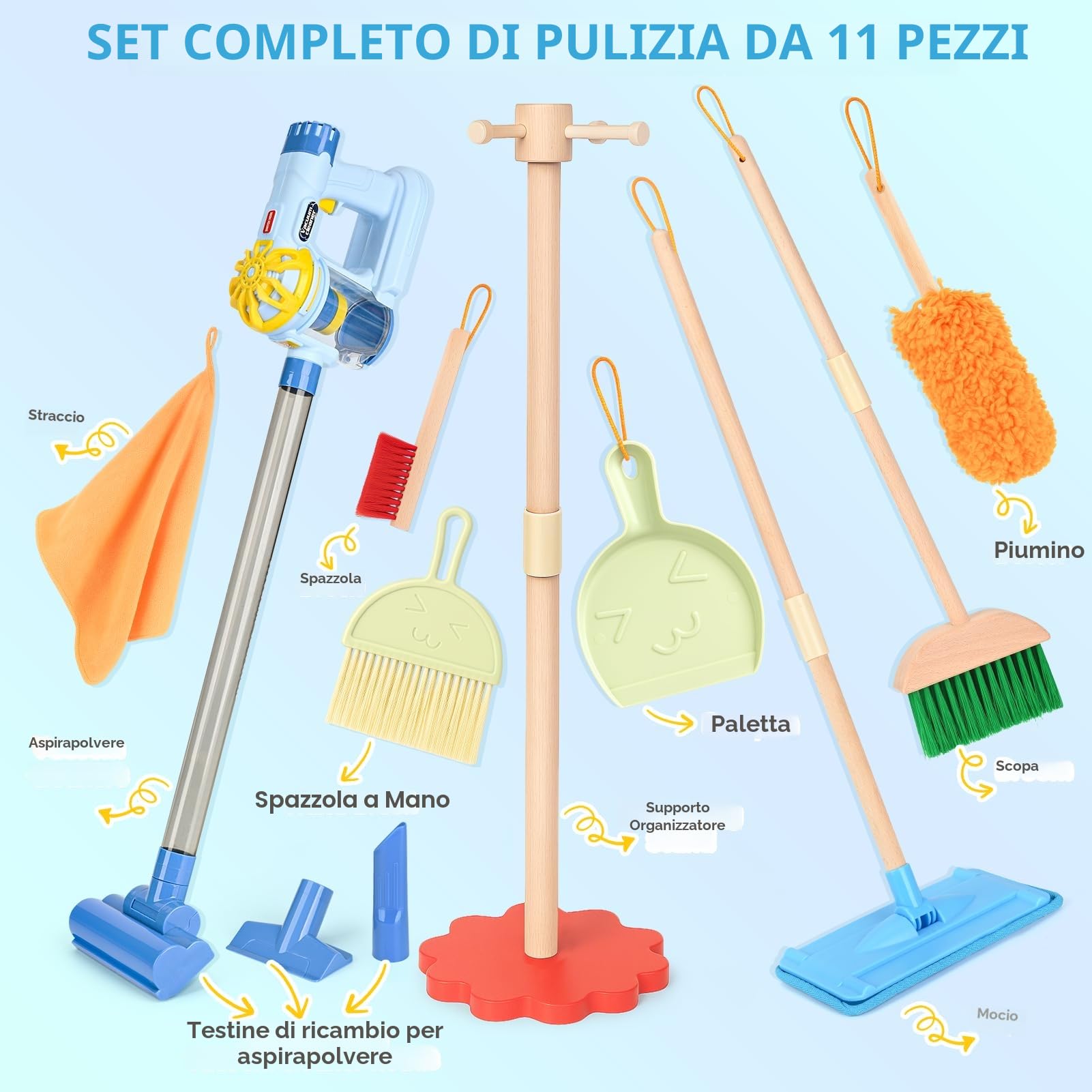 Dreamon Aspirapolvere per Bambini con Aspirazione e Funzione Audio, Set di 11 Accessori per Pulizia, Giocattolo in Legno per Bambini dai 3 Anni in Su