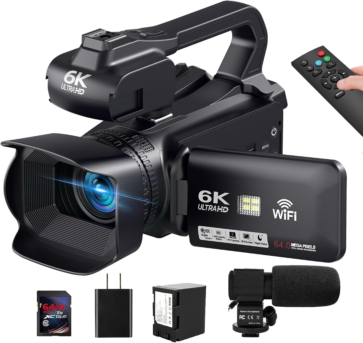 6K 64MP UHD Video Camera Camcorder WIFI YouTube Vlogging Webcam Camcorders | 18X Digital Zoom, 4.0" Touch Screen, IR Night Vision; Includes Mic, Stabilizer, Controller, Charger, Battery & 64GB SD Card