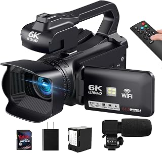 TALIHO 6K 64MP Camcorder: IR Night Vision Vlogging Camera, 18X Zoom, 4" Touchscreen, WiFi, Stabilizer, 64GB SD