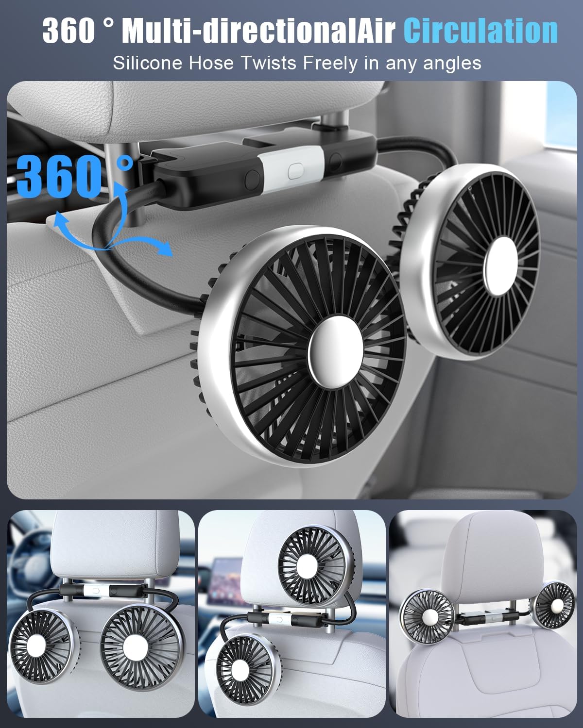 USB Car Fan for Backseat: Dual Rearseat Fans for Kids Separated Controlled Heads Rotatable Cooling 3 Speeds DC 5V/2A Auto Cooler for Honda Civic Ford Toyota Wranger Sahara Grand Cherokee