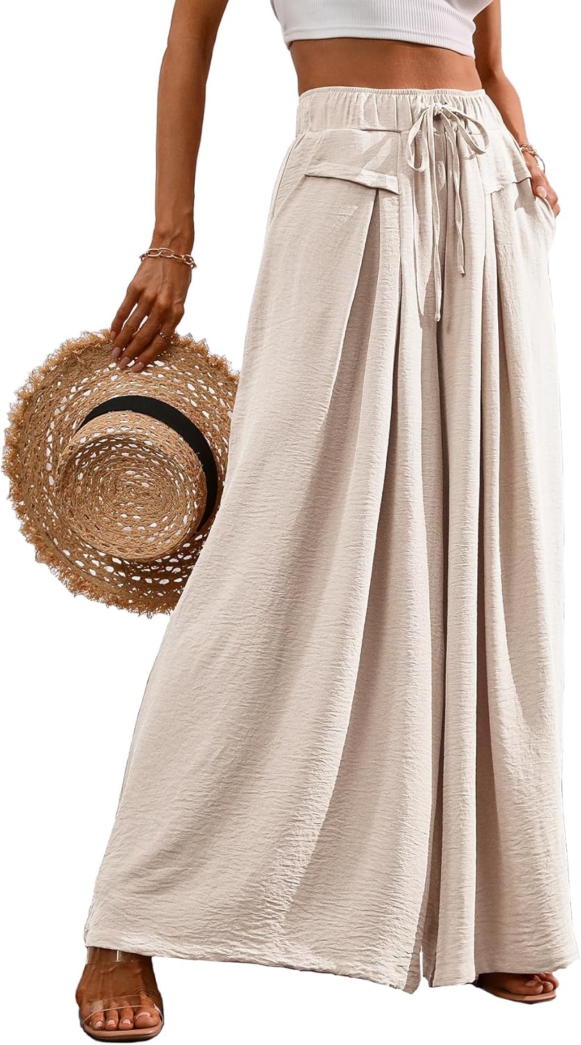 Flowy Wide Leg Palazzo Pants for Women Dressy Summer Casual Elastic Waist Lounge Long Trousers with Pocket