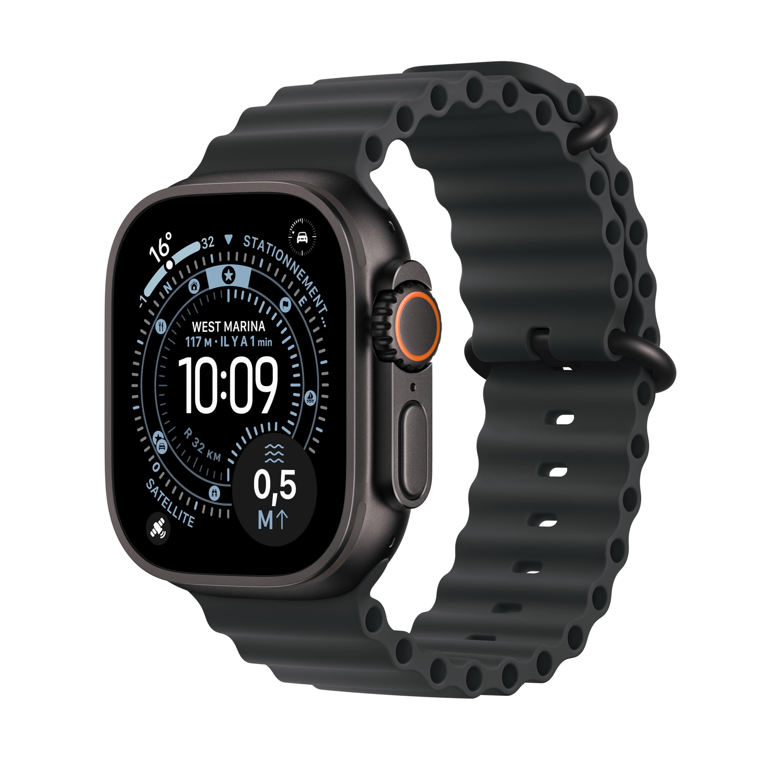 Apple Watch Ultra 3 [GPS + Cellular 49 mm] Montre connectée Course à Pied et Multisport avec boîtier Titane Noir et Bracelet Ocean Noir. Communications Satellite, Suivi santé et activité