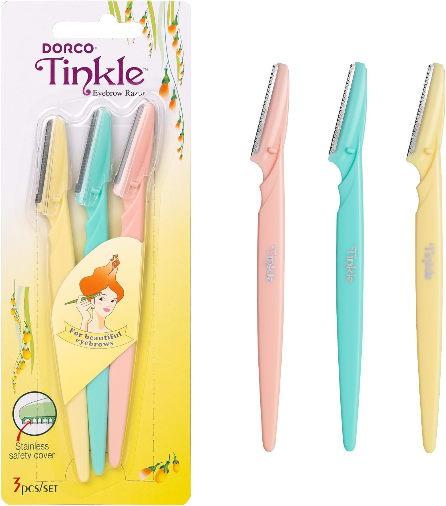 Tinkle Dermaplaning Tool 3ct, Dermaplane Razor for Women, Safe and Easy Peach Fuzz Remover, Eyebrow Trimmer with Protective Cover, Stocking Stuffers