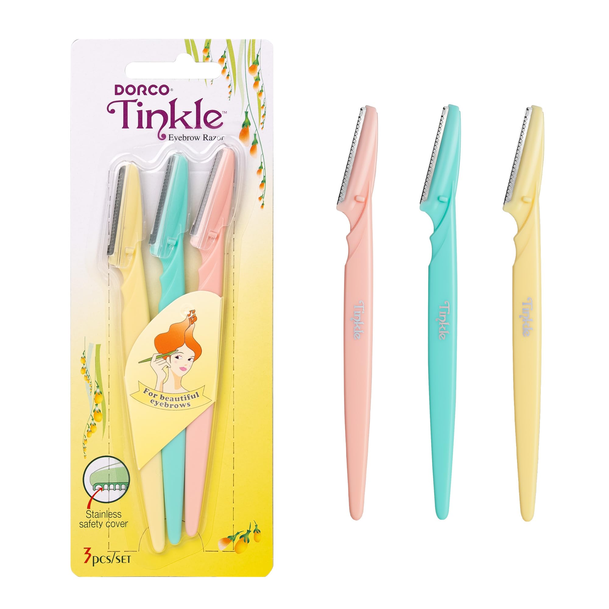 Dorco Tinkle Precision Eyebrow Razors - 3-Pack Facial Hair and Peach Fuzz Remover for Smoother Skin and Flawless Eyebrow Shaping