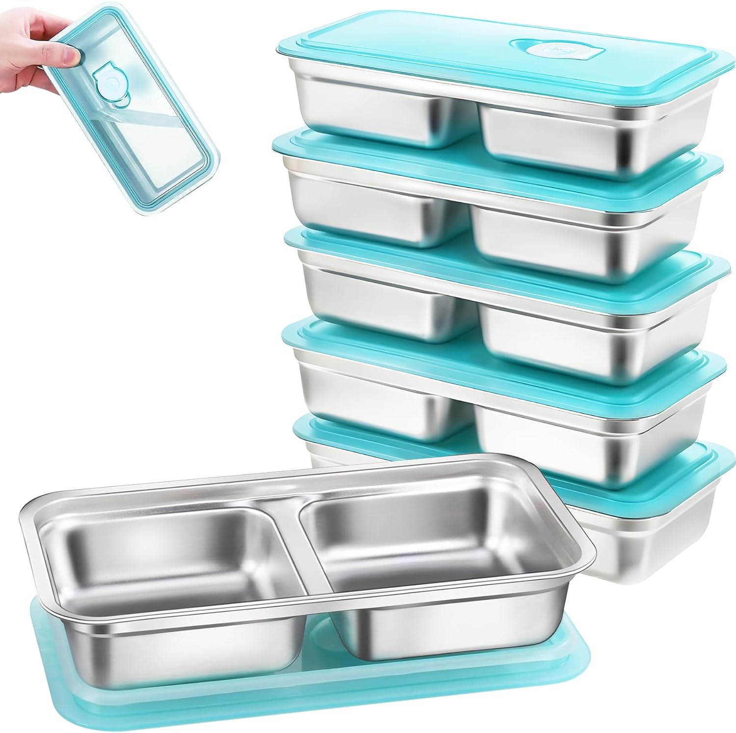 6 Pack Stainless Steel Snack Containers Reusable with Lid, Grab and Go 2 Compartment Snack Food Storage Containers for School Travel and Outdoor Camping Dishwasher Safe