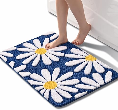QJHOMO Alfombra de baño azul marino, bonita alfombra de baño con margaritas, decoración de flores blancas y amarillas, alfombra antideslizante de