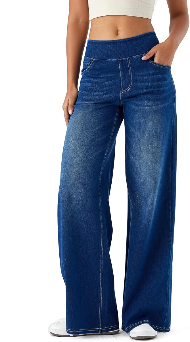 Denim Wide Leg Pants for Women,High Waisted and Slimming,Straight Tube,Loose fit,High Elasticity Jeans with Pockets