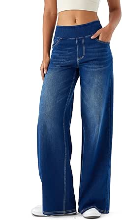 LaiEr Dames Jeans Broek met Wijde Pijpen,Baggy Denim Broek hoge taille en Meerdere Zakken, Rechte Buis, Losse Pasvorm, Hoge Elasticiteit Casual Vrouwen Jeans Met (MiddenBlauw,S