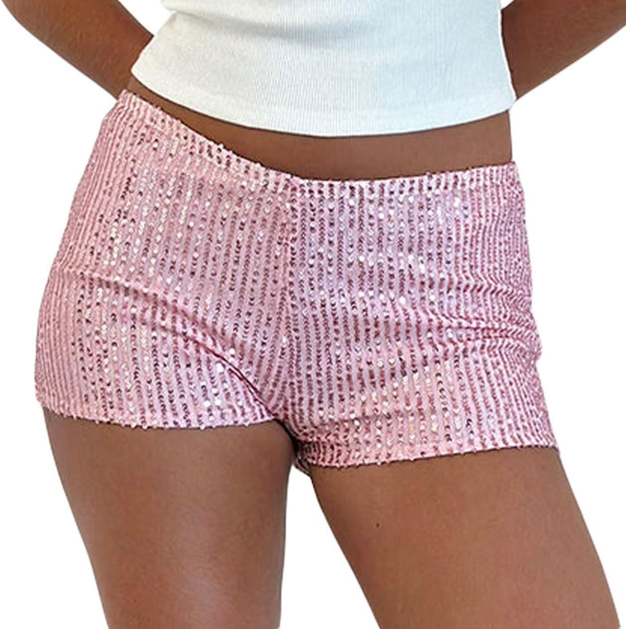 Women Sequin Micro Shorts Sparkle Low Rise Elastic Waist Bodycon Booty Shorts Glitter Night Out Party Hot Pants