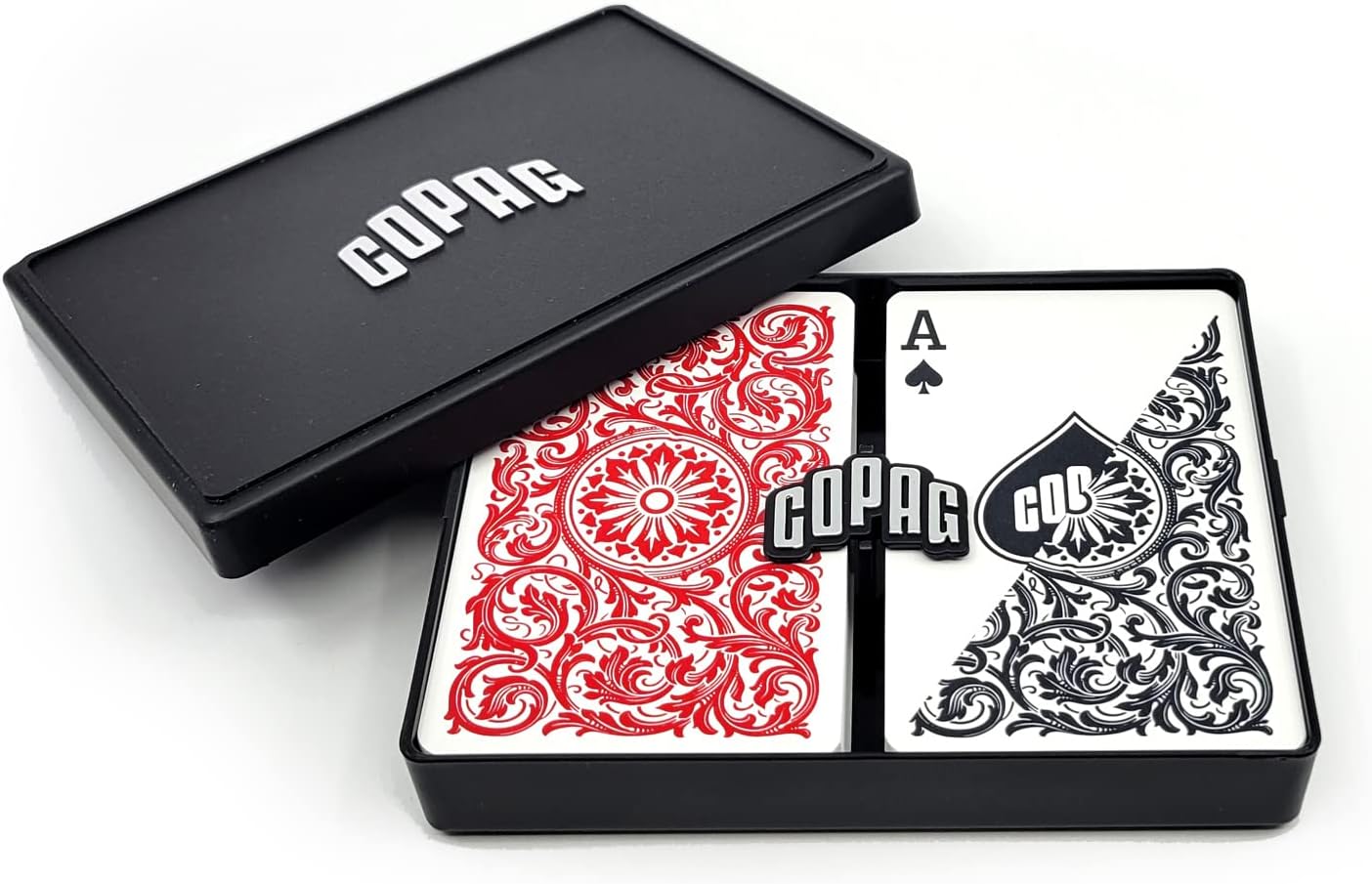 Copag 1546 Design 100% Plastic Playing Cards, Bridge Size (Narrow) Red/Black Double Deck Set (Regular Index)