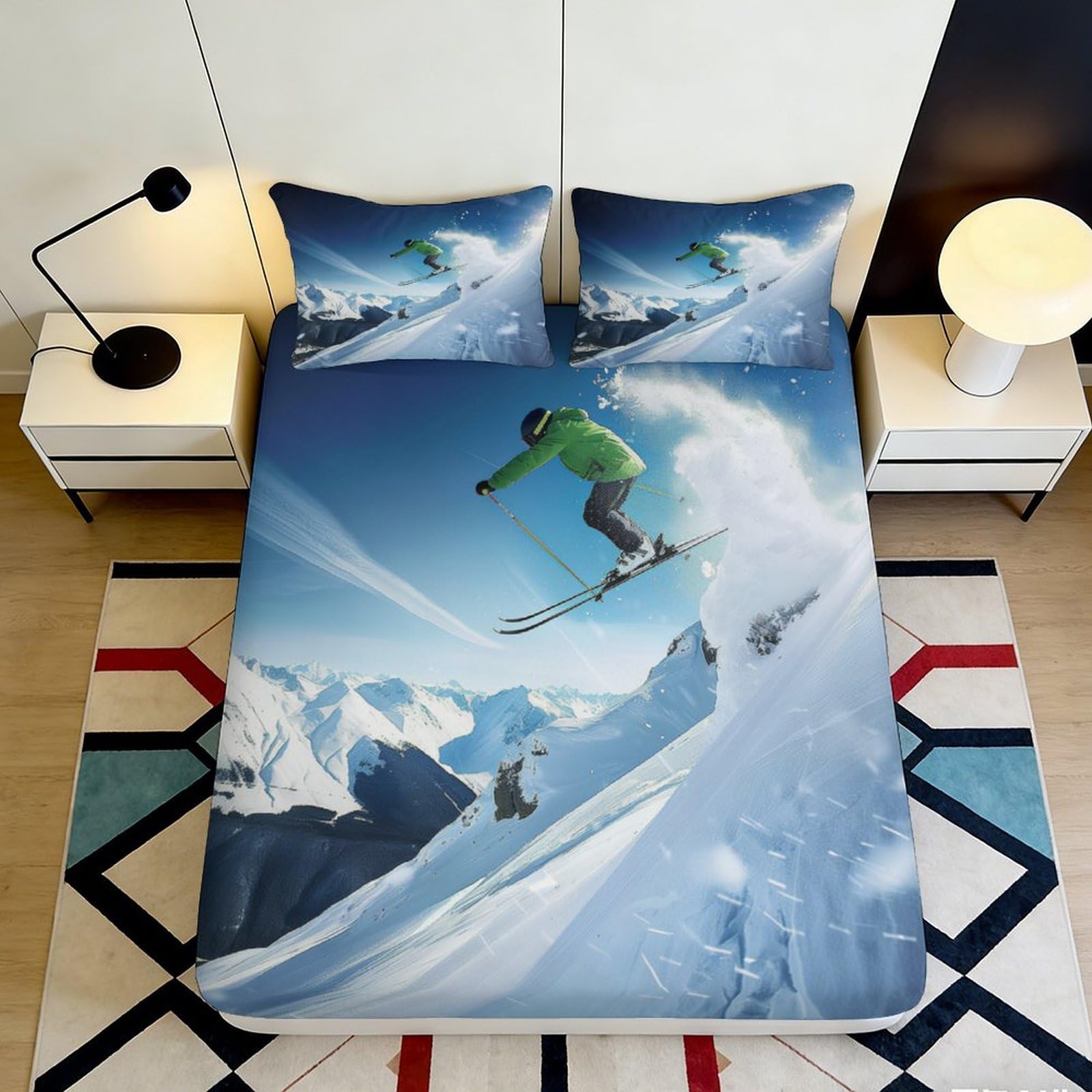 Uynsixtme Style-9 3D Printed Ski Scene Fitted Sheet Microfiber Deep Pocket Non-Slip Ski Mattress Fitted Cover Bedroom Bedding 200X200x25cm