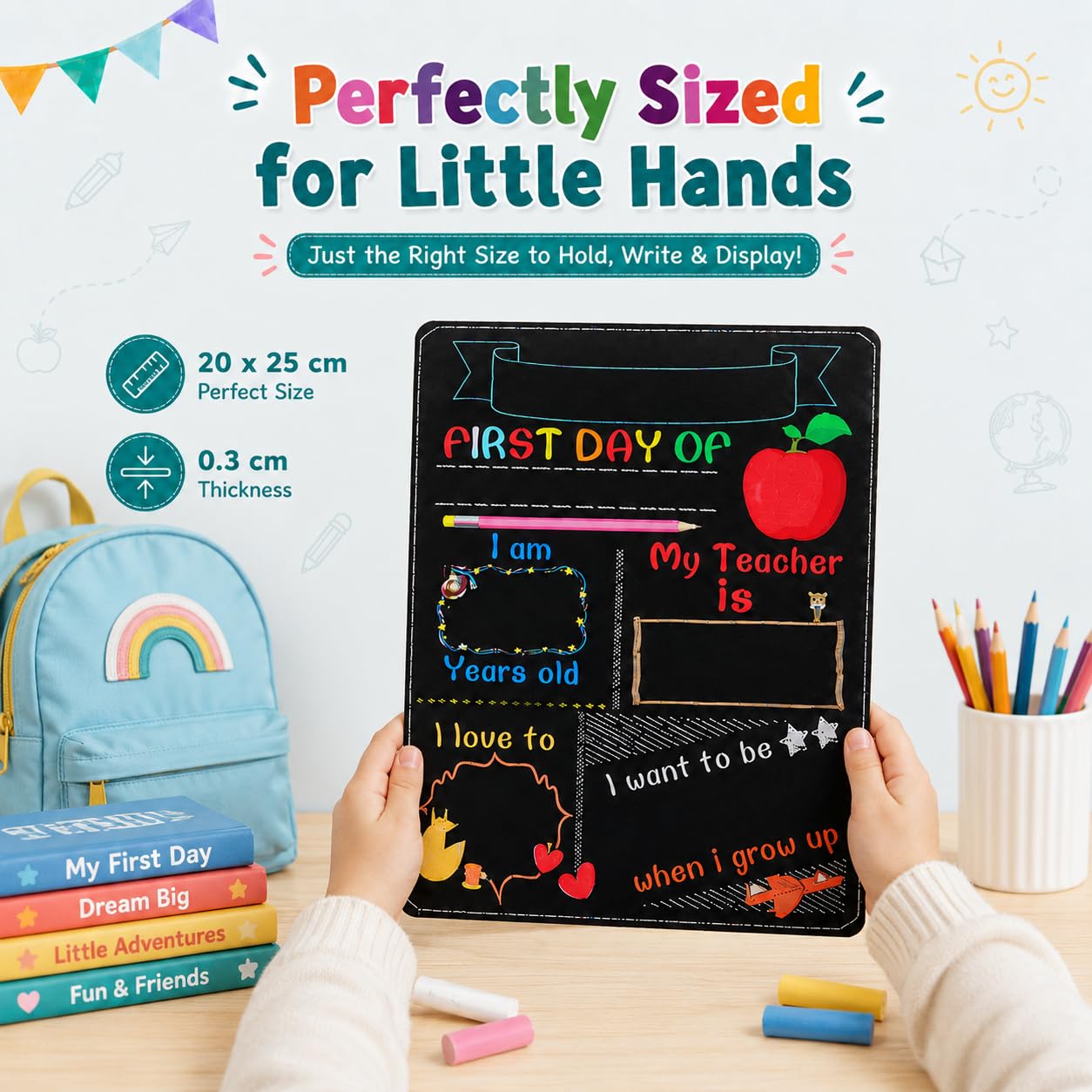 NUOBESTY Lavagna del primo giorno di scuola - Il mio primo giorno di scuola | Riutilizzabile Back to Schools Sign First & Last Day double face Milestone Photo Prop per bambini (24,9 x 19,8 cm)
