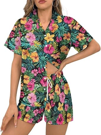 KiuLoam Womens Pajamas Set 2 Piece Soft Satin Sleepwear Button Down Short Sleeve Pjs Set Loungewear S-3XL
