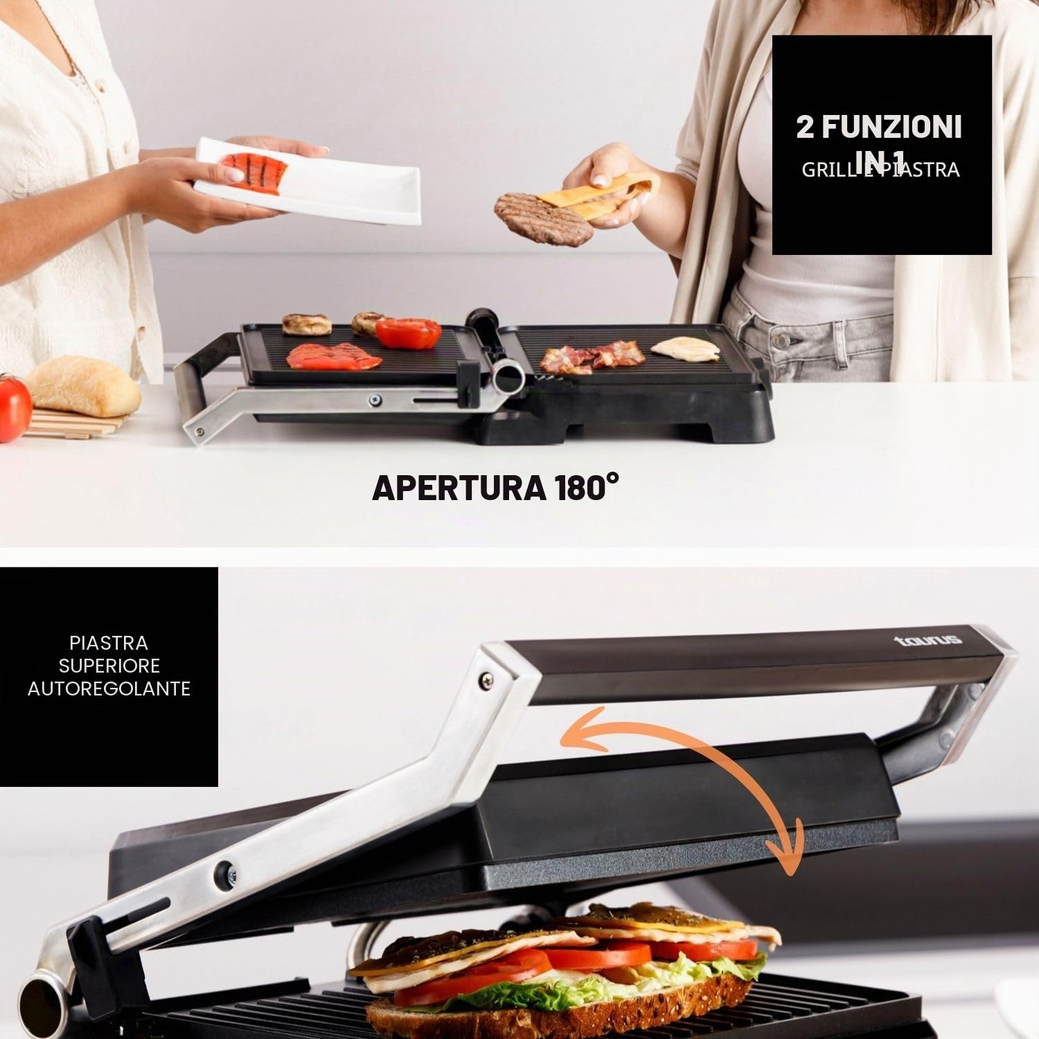 Taurus - Grill Essential 2600W | 2 en 1: Grill y Plancha | Placa 29x23 cm | Revestimiento Antiadherente sin PFOA | Bandeja recogegrasa | Termostato ajustable | Cool Touch y bloqueo seguro