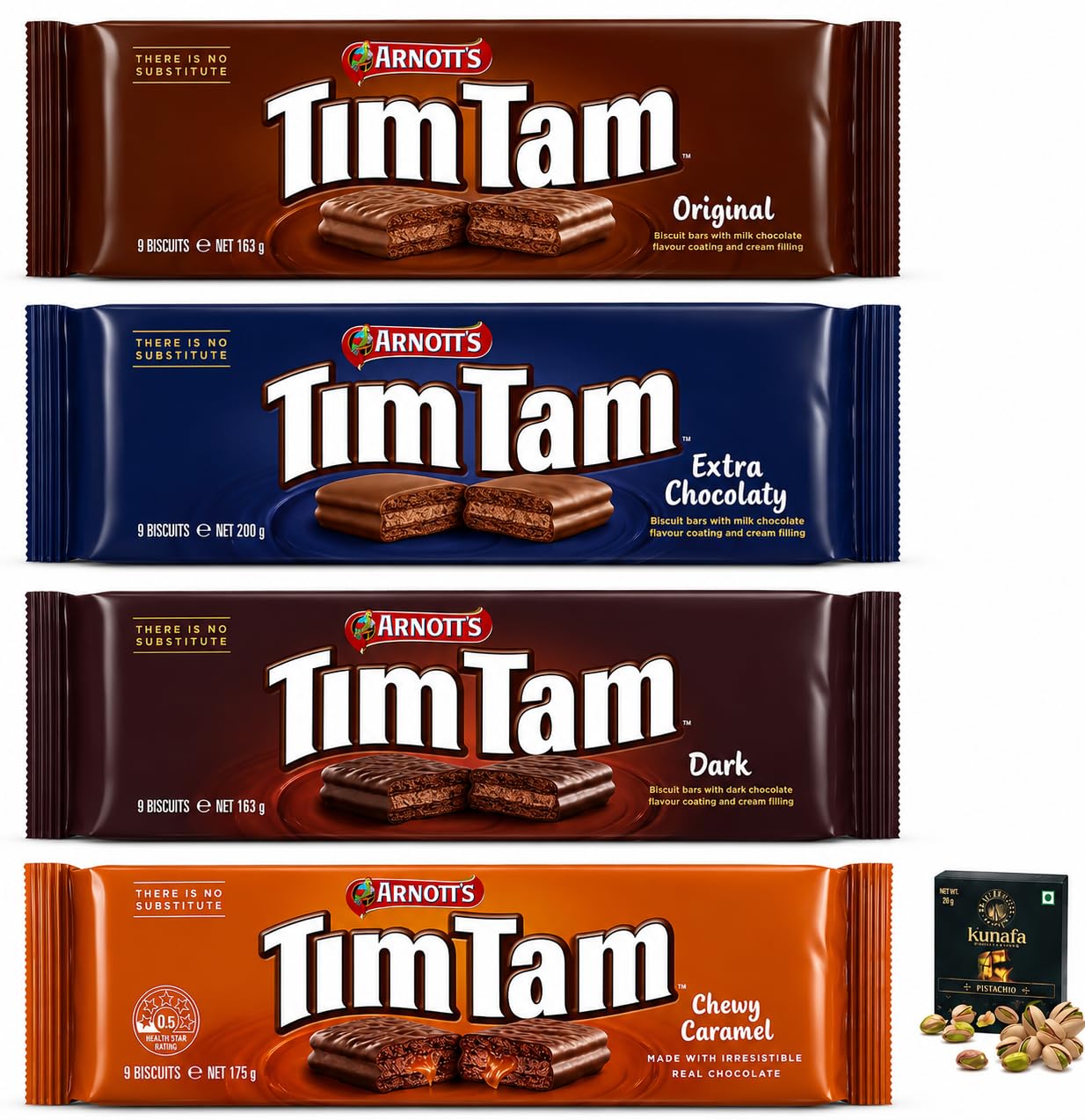 Arnott's Tim Tam Chocolate Biscuit Variety Pack, Original, Extra Chocolaty, Dark, and Chewy Caramel, 9 Biscuits Each Pack of 4 with Free Flavourito Kunafa Pistachio Chocolate Bar, 20g By Decadent Foods-image-39