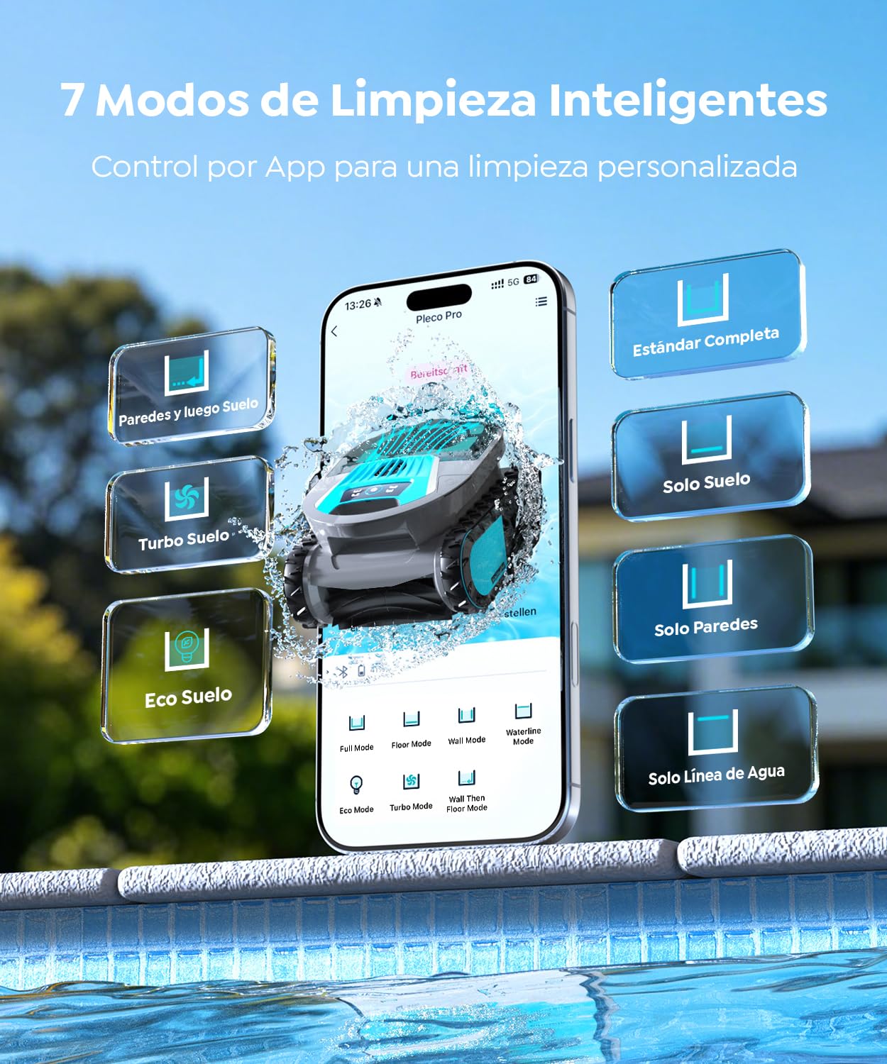 (2026 Upgrade) Pleco Pro Robot Limpiafondos Piscina, 7 Modos, Control App Planificación Inteligente, Limpieza De Fondo, Paredes Y Línea De Agua, 210 Min Autonomía, para Piscinas de hasta 200 ㎡