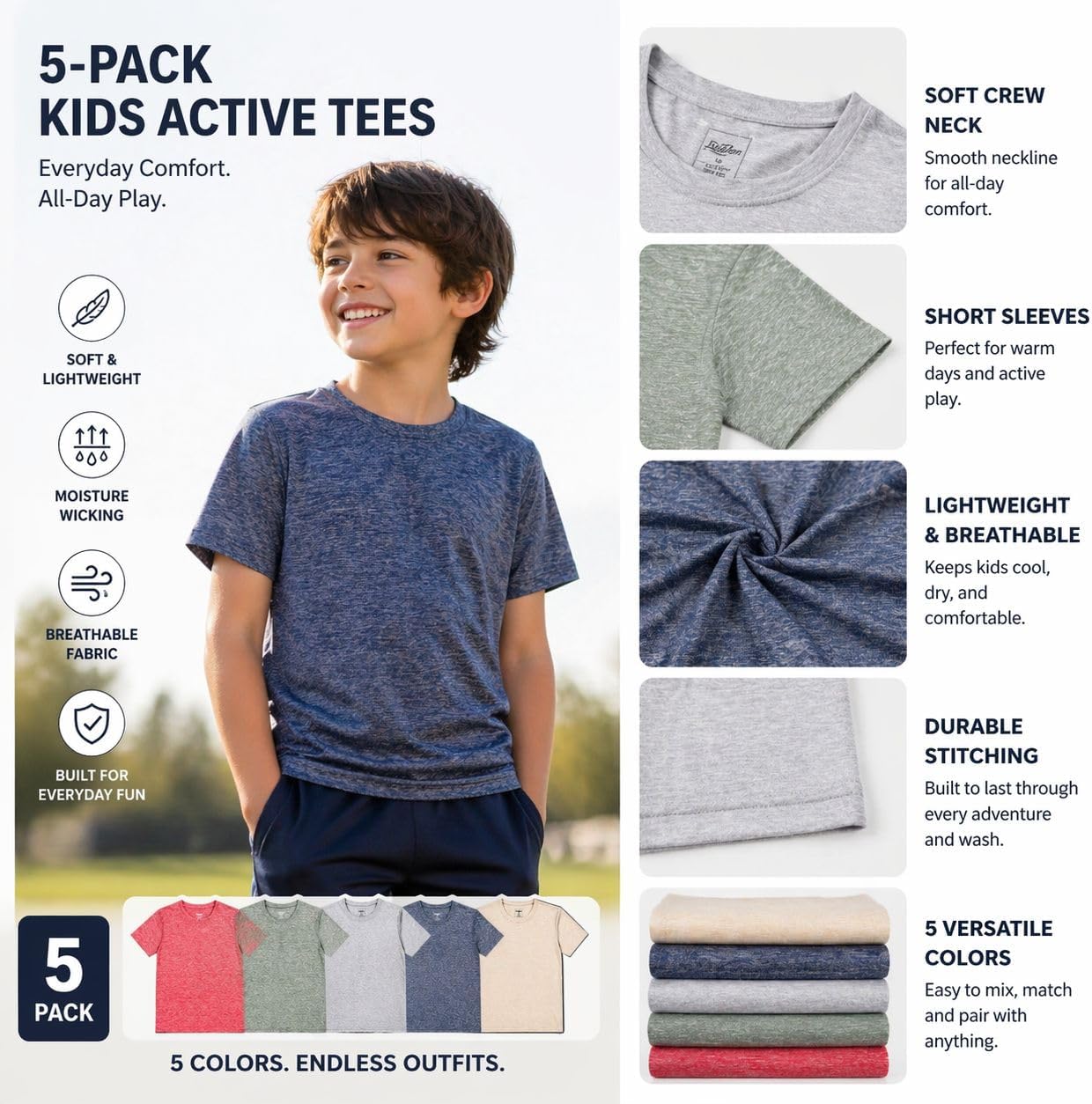 BenBen Youth Boy T Shirts Short Sleeve Moisture Wicking Performance Tees Everyday Wear Gym - 5 Pack