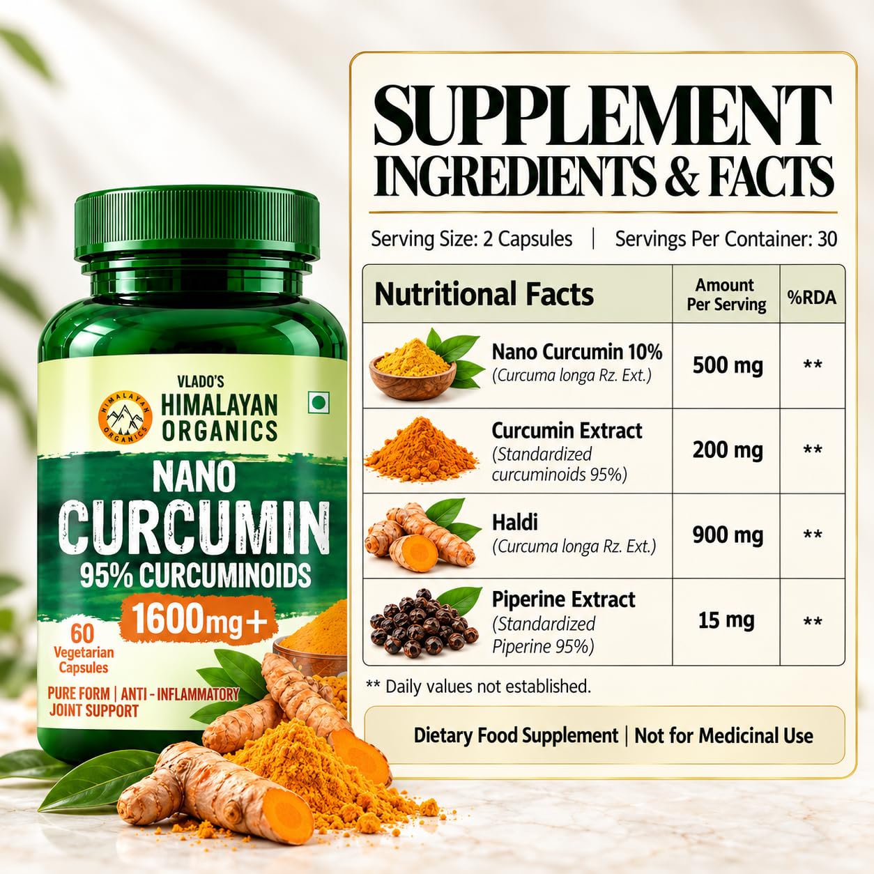Vlado's Himalayan Organics Curcumin 1600mg+ | Extra-Pure Nano Curcumin Capsules with 95% Curcuminoids | Turmeric & Piperine | Joint Support Supplement for Men & Women - 60 Capsules — Amazon image 2