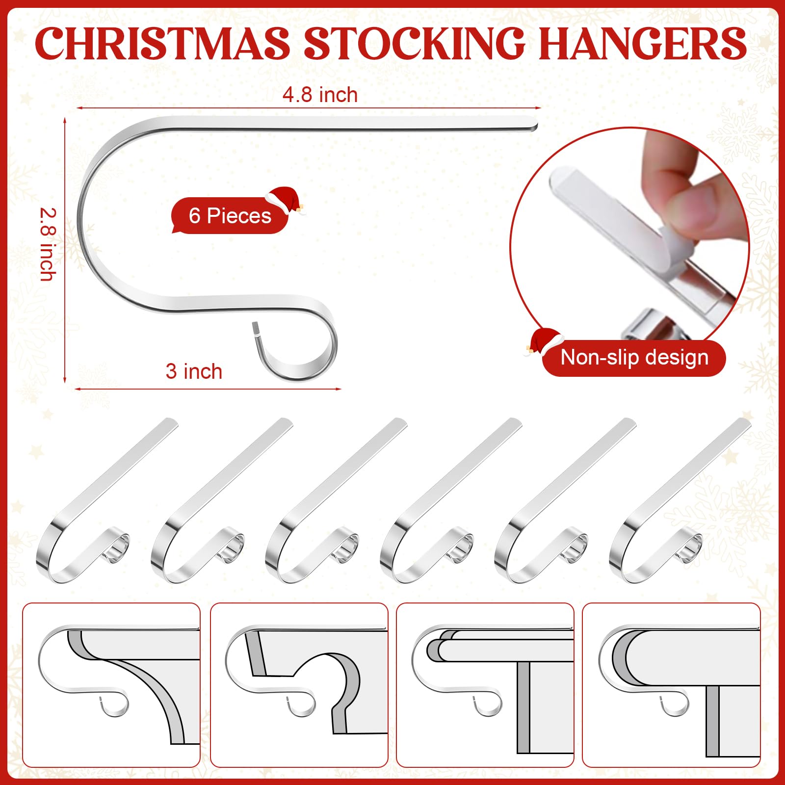 Foaincore Weihnachtsstrümpfe mit 6 Stück Weihnachtsstrumpfhalter aus Zinklegierung, 3D-Weihnachtsmann, Schneemann, Rentier, Kamin, verstellbare Halterungen für Weihnachten, Familie, Urlaub, Kaminsims