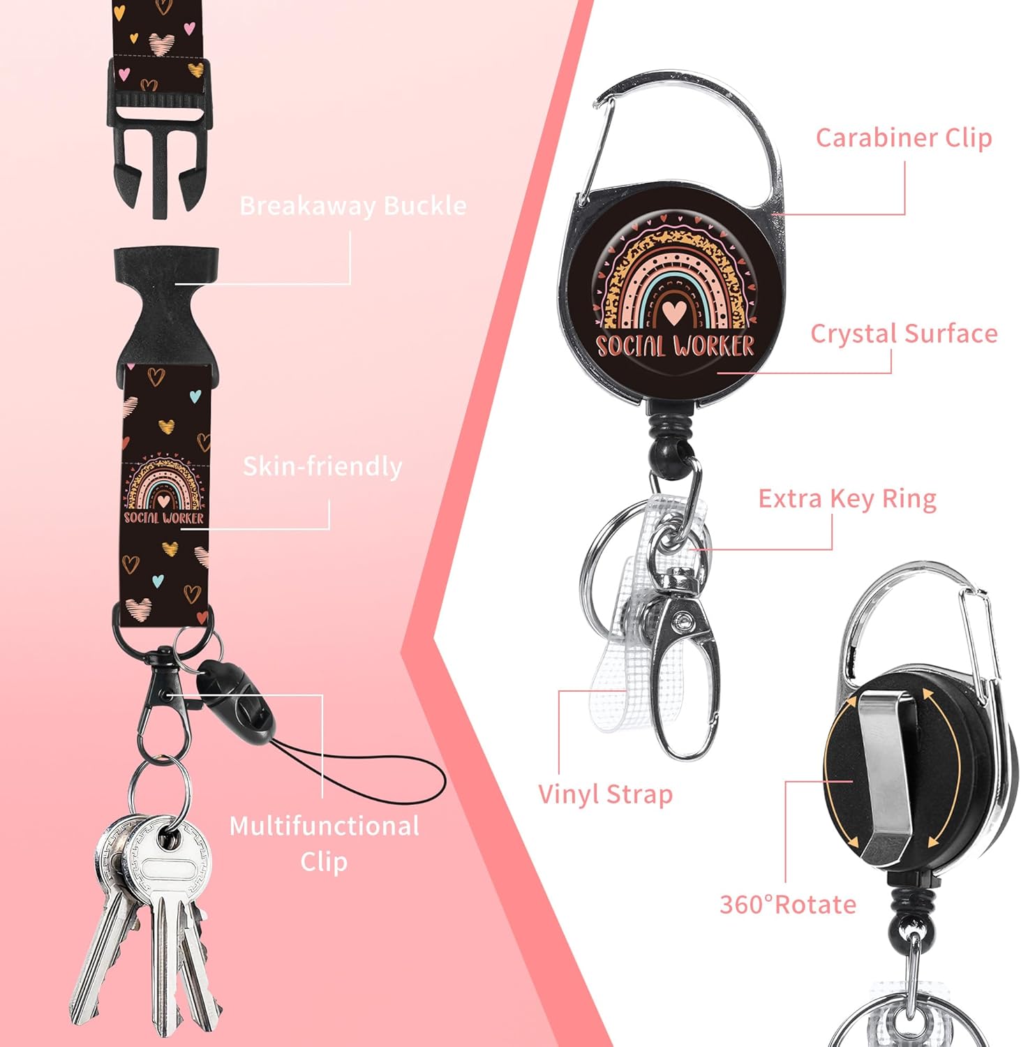 Badge Holder with Lanyard and Retractable Reel Clip, Rainbow Heart Design Social Worker ID Holder Set, Fun Gifts for Social Workers - Image 3