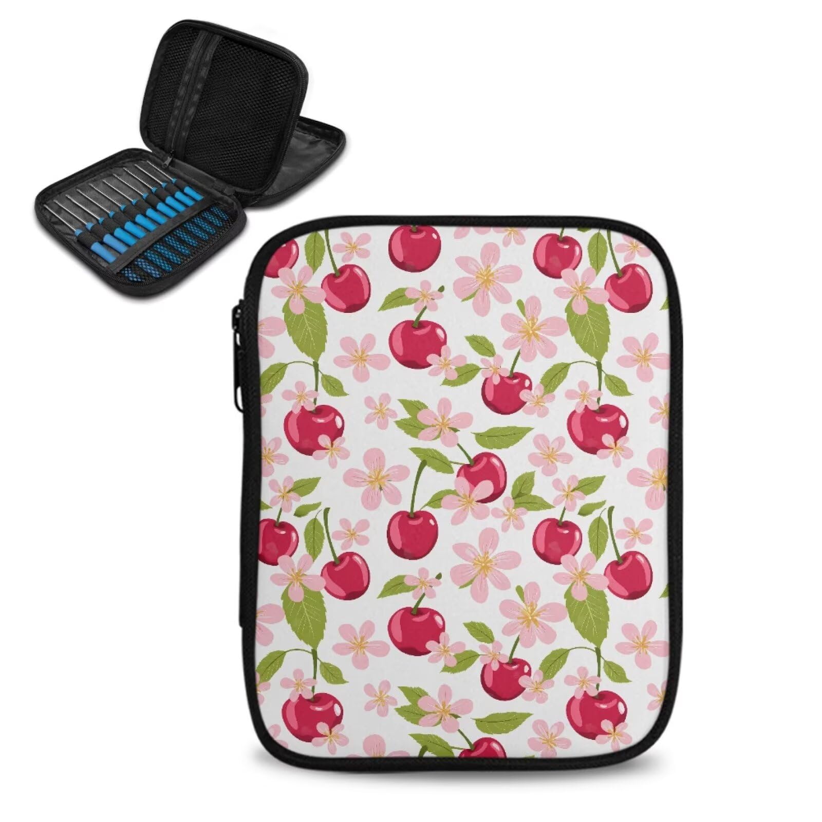 Qehuruxo Cherry Crochet Bag Organizer Double Layer Design Polyester Zipper Closure Mesh Pockets Large Storage Storage for Travel and Home Use