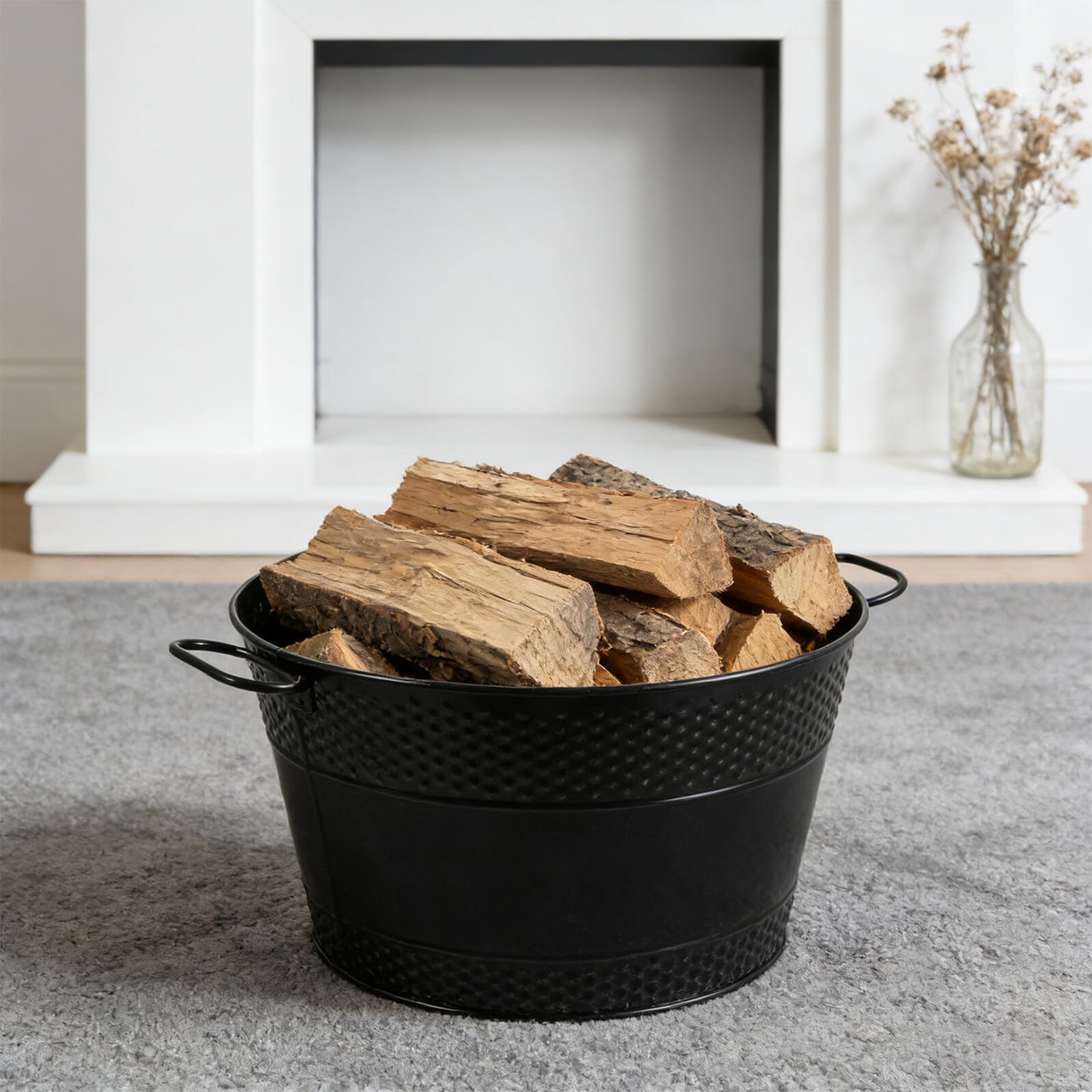 ULTECHNOVO Secchio per Legna da Ardere in Metallo con Manico, Contenitore Porta Legna da Ardere Nero 33x33x19 Cm, Organizzatore per Stoccaggio Carbone e Porta Tronchi per Stufa e Falò