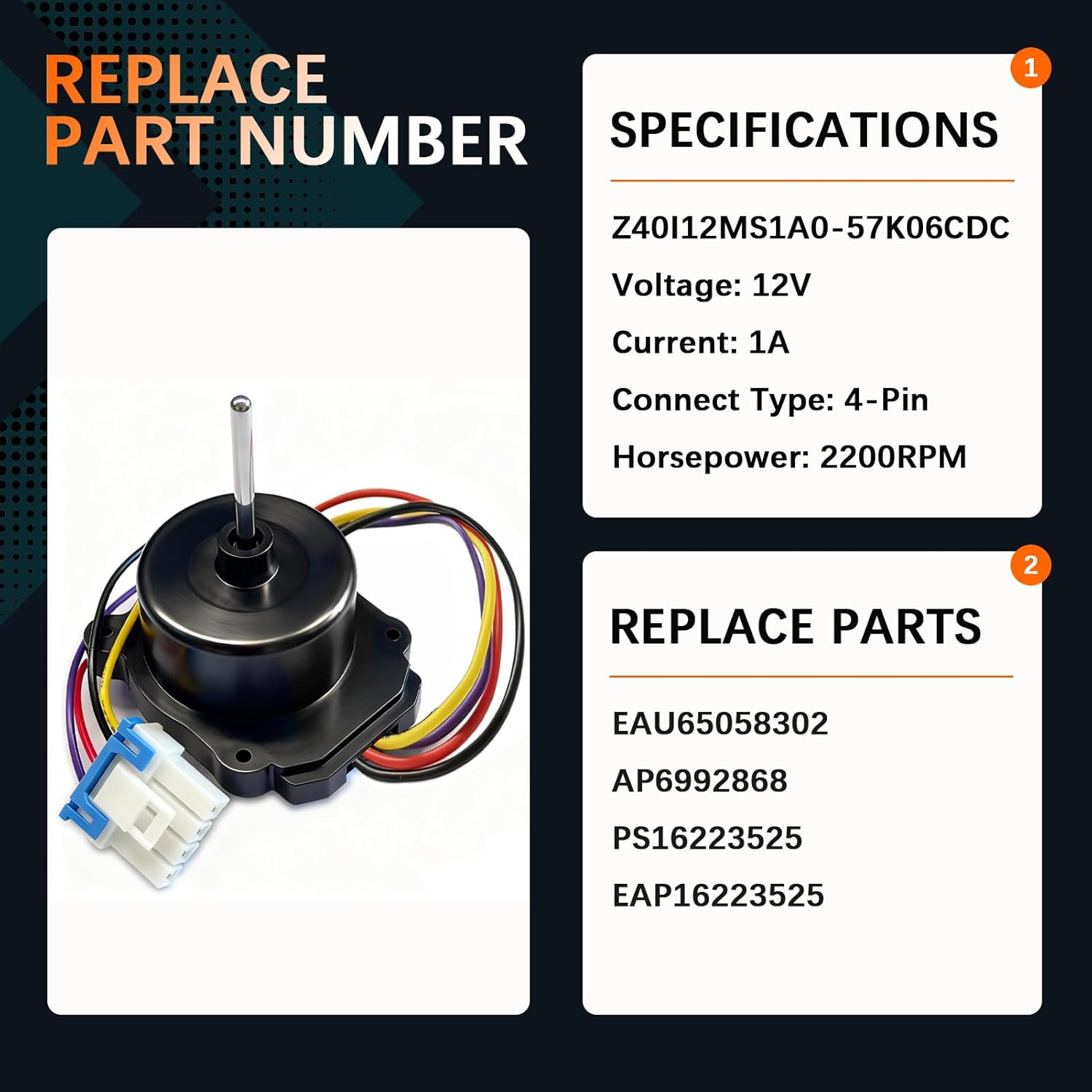 EAU64843805 Condenser Fan Motor, Compatible with l-g Refrigerator & Fridge, Replacement EAU65058502, AP6992868, PS16223525 and EAP16223525, EAU64843805 Refrigerator Evaporator Fan Motor, DC 12V 1A