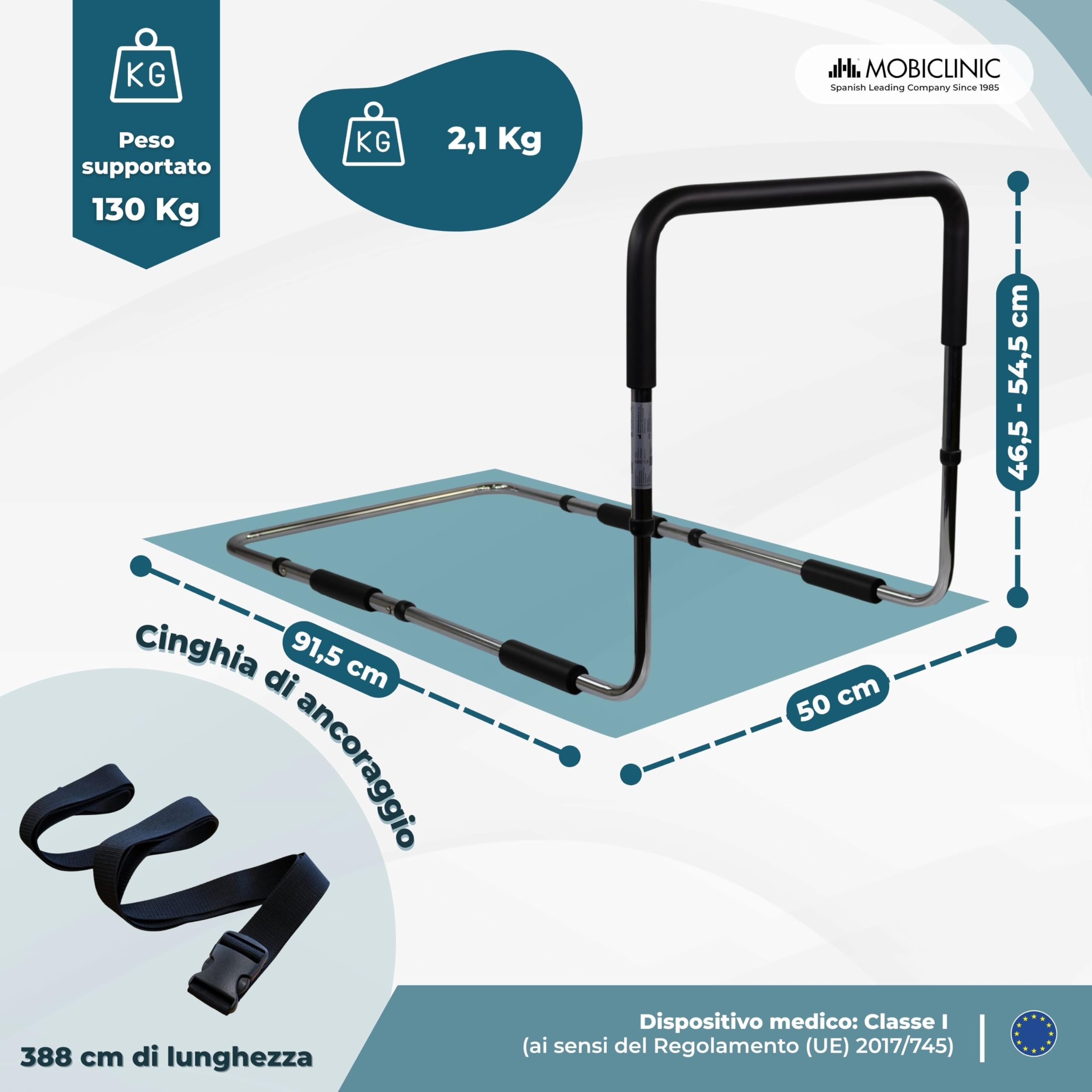 Mobiclinic®, Sponda Letto Adulti, Altezza Regolabile, Sistema di Sicurezza Extra per la Rete, Maniglia Imbottita, Montaggio Facile, Fino a 130 kg, Aiuto per Mobilità Ridotta, Acciaio, Diana