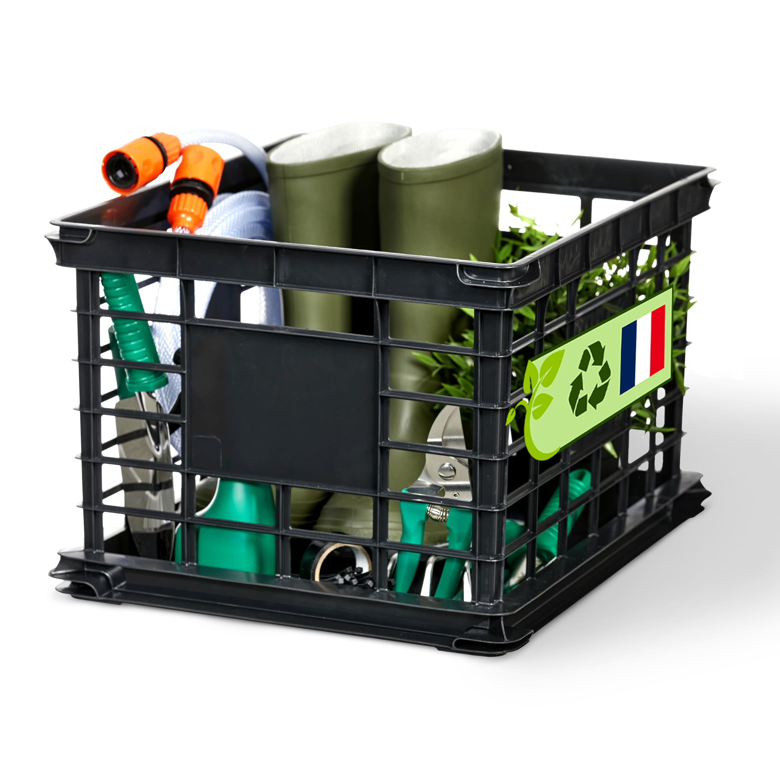 Iris Ohyama, Kunststoff-Aufbewahrungskiste, Schwarz, mit vier integrierten Griffen, stapelbar, robust, BPA-frei, für Vinyl, Büromaterial, Handtücher & Bücher, SC-LL