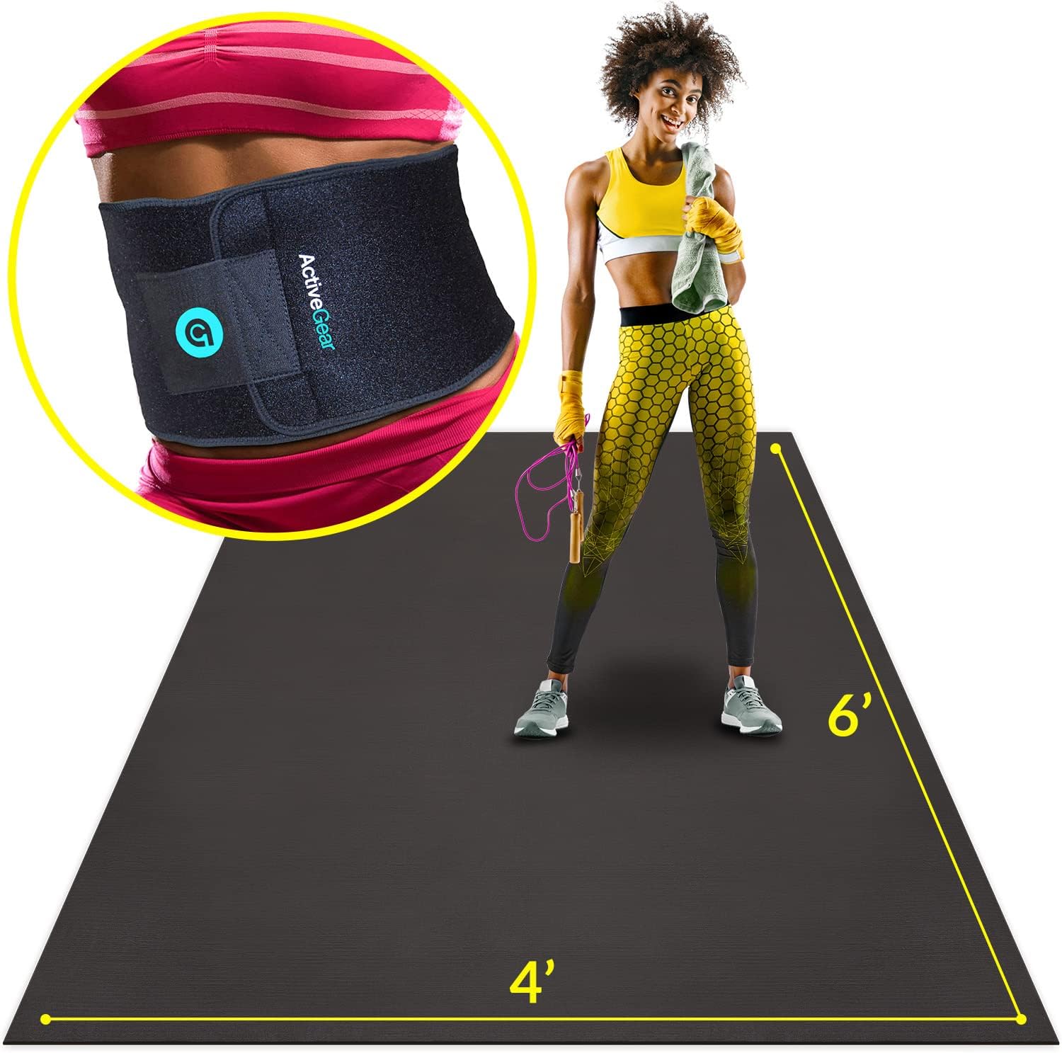 ActiveGear Waist Trimmer Belt for Stomach and Back Lumbar Support, Medium: 8" x 42" - Blue with Large Exercise Mat 6' x 4' x 7mm Ultra-Durable Non-Slip Rubber Workout Mat