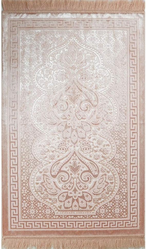 Modefa Luxury Velvet Prayer Rug with Prayer Beads | Soft Elegant Muslim Turkish Janamaz Sajada Carpet for Men and Women | Plain Solid Prayer Mat Ramadan Eid Gift - Paisley (Blush Pink)