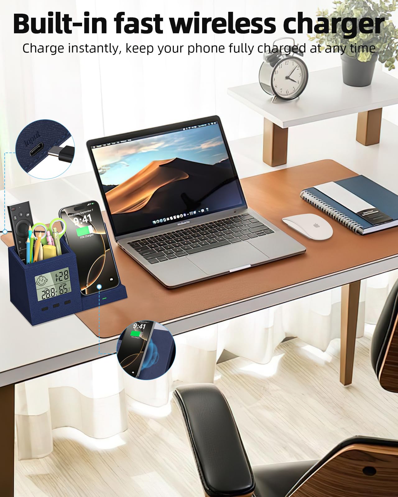 Organizer da scrivania con caricabatterie wireless, orologio digitale, termometro e igrometro, portapenne, multifunzione, accessori da scrivania per casa, ufficio, uomini, donne (batteria inclusa)