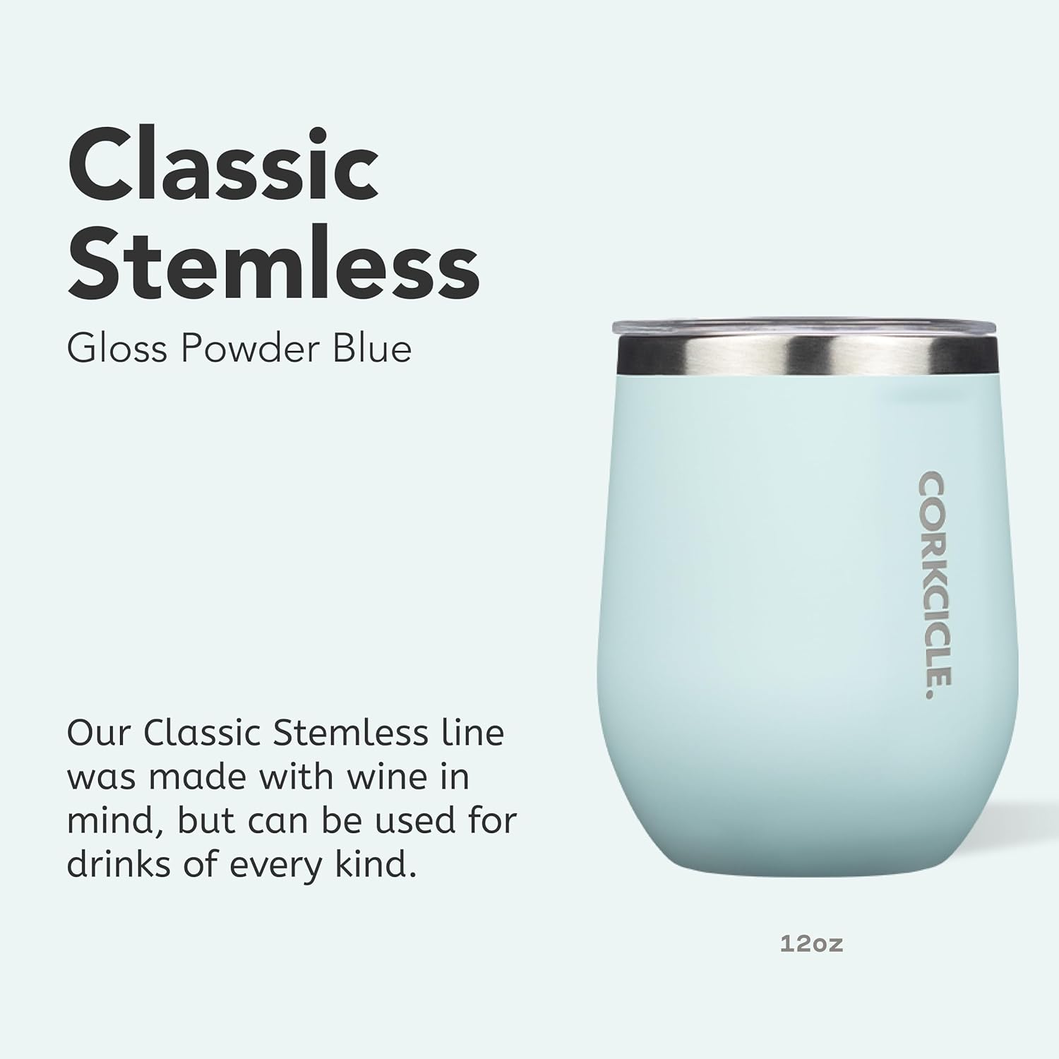 Corkcicle Stemless Wine Tumbler - Keeps Drinks Cold for 6 Hours - Triple-Insulated Stainless Steel - Non-Slip Base - Summer Drinkware Gift - Keeps Drinks Ice Cold - 12 oz - Gloss Powder Blue - Image 2