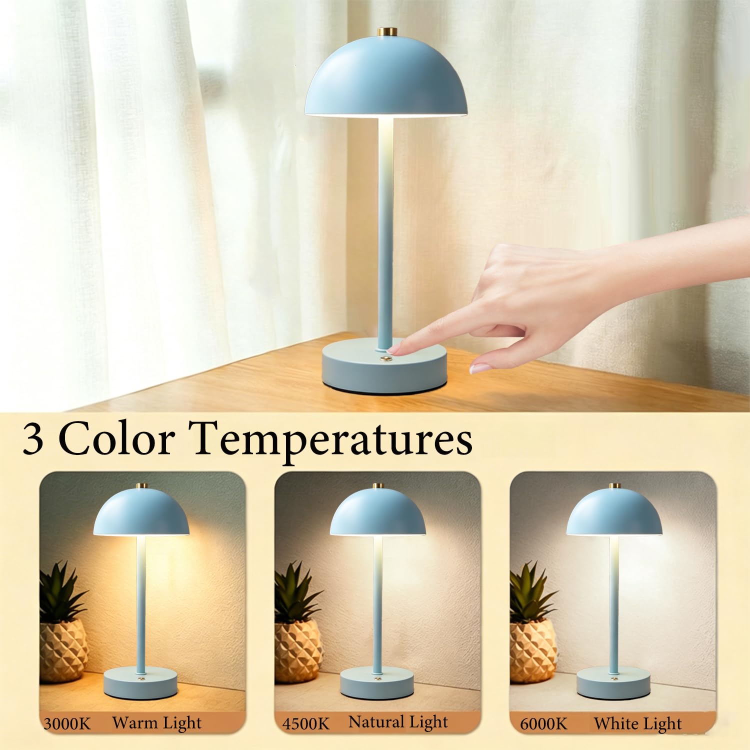 OOWOKS Lámpara de mesa inalámbrica con forma de seta recargable regulable al tacto lámpara LED de mesita de noche sin cables con batería recargable lámpara de mesa decorativa con forma de seta,Azul