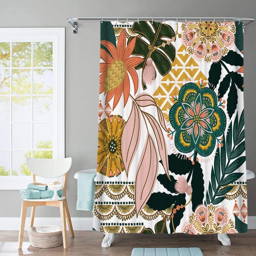 BBLYANU Boho Floral Shower Curtain (60” x 72”), Flower Tropical Leaves Shower
