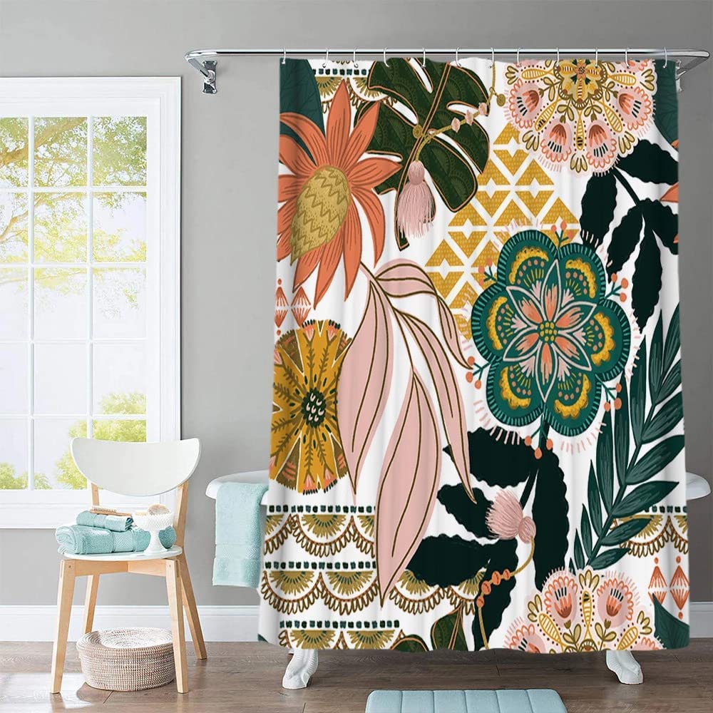 BBLYANU Boho Floral Shower Curtain (60” x 72”), Flower Tropical Leaves Shower Curtains, Polyester Fabric Printed Shower Curtain Set for Bathroom with Hooks