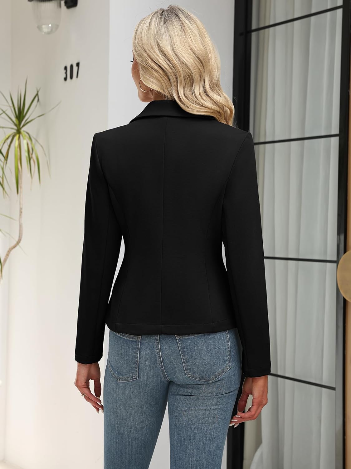 ELLEVEN Women’s Work Knit Blazer, Stretch Slim Fit Half-Lined Lightweight Suit Notched Lapel Jacket