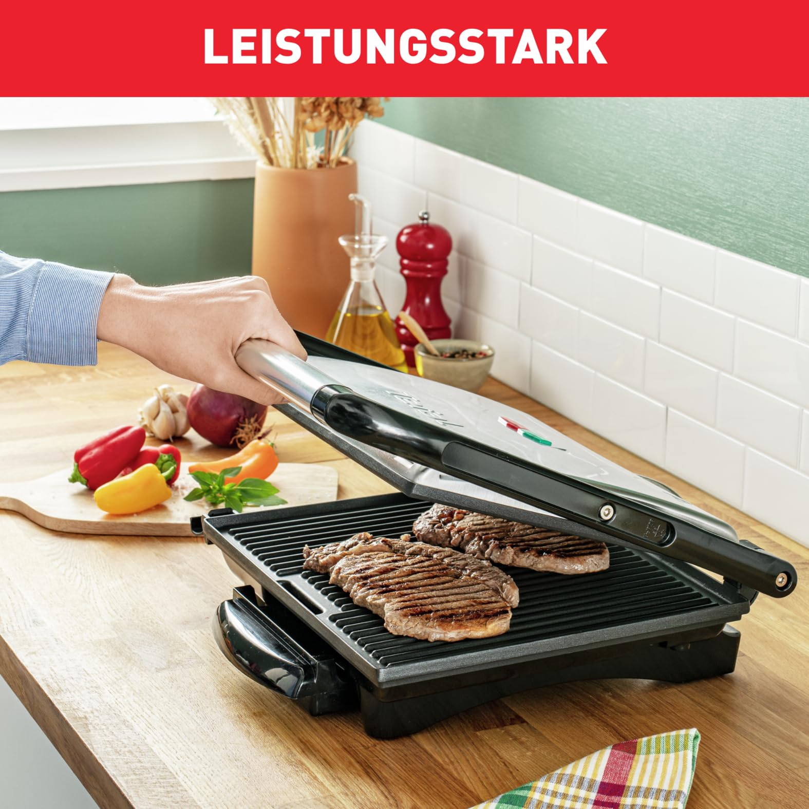 Tefal Inicio GC241D Kontaktgrill, Elektrogrill, 2000W, Antihaftbeschichtete Grillplatten, Edelstahl/Schwarz