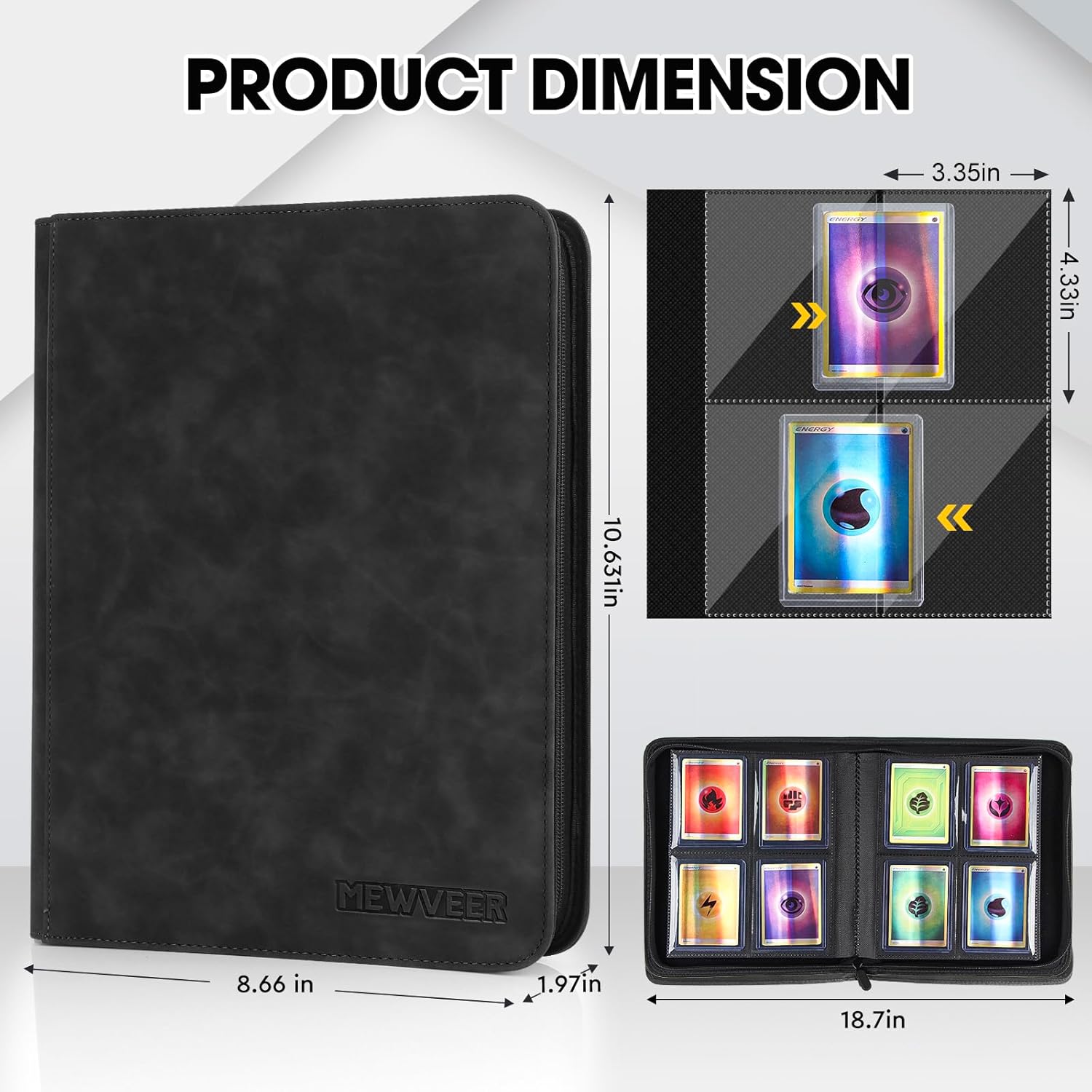Top Loader Card Binder, Holds 112 Top Loaders Storage, 4 Pockets with Sleeves, Trading Cards Album for Sports Cards, YGO/MTG/TCG Cards Collection Binder - Black (Not for Cards WITHOUT a Top Loader)