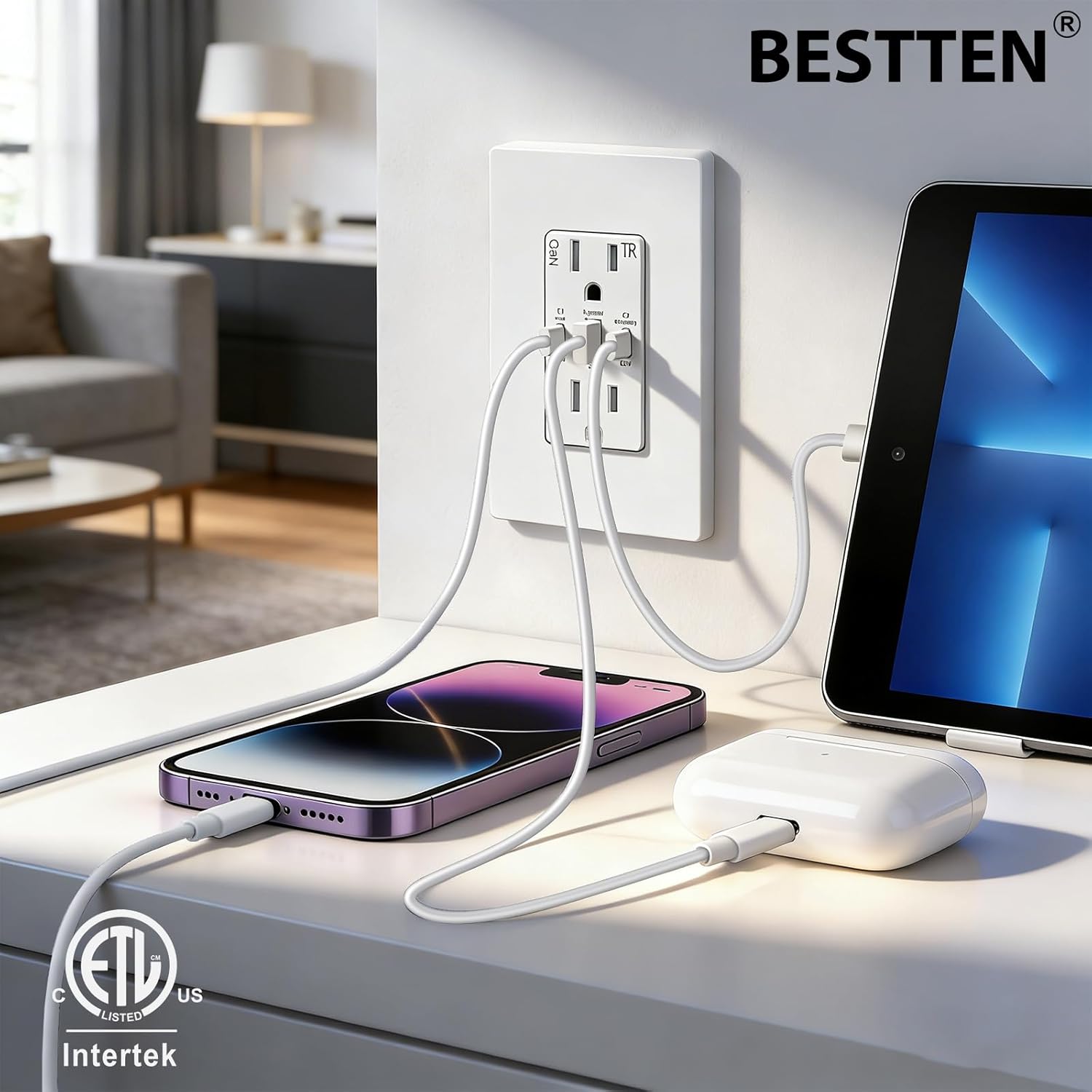 BESTTEN 2 Pack 65W USB C Outlet, GaN 3-Port USB Outlet Receptacle for Laptop, 15 Amp Ultra Fast Wall Outlet with 2 Type C & 1 Type A, Tamper Resistant, Screwless Wallplate Included, ETL Listed, White
