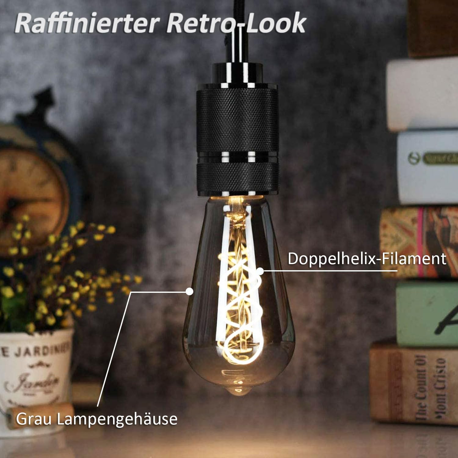 Edison Vintage Glühbirne E27, E27 LED Vintage Dimmbar 4W Retro Glühbirne LED Filament Lampe Warmweiß Ideal für Nostalgie und Retro Beleuchtung im Haus Café Bar, Rauchgrau Glas - 6 Stück （ST64YHS）