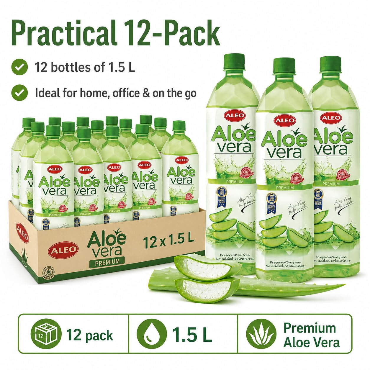 ALEO 1.5L Premium Aloe Vera Drink - Natural, No Preservatives, No Artificial Colors Superior Taste Award 2025