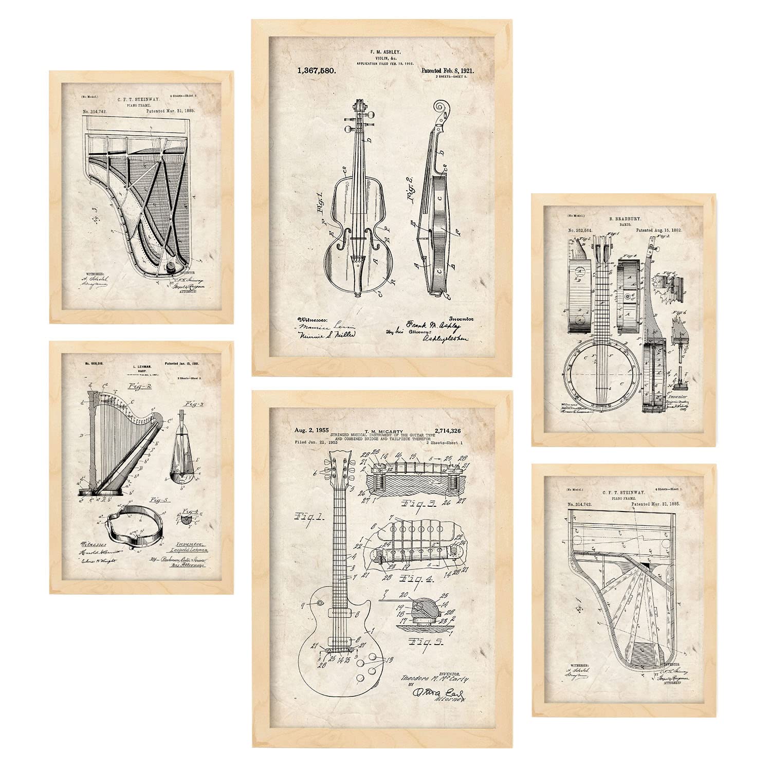 Nacnic Set of 6 String Instrument patent prints. Posters with retro patent illustrations for your home, shop, office... Vintage style interior decoration. A4 and A3 sizes. No frame.