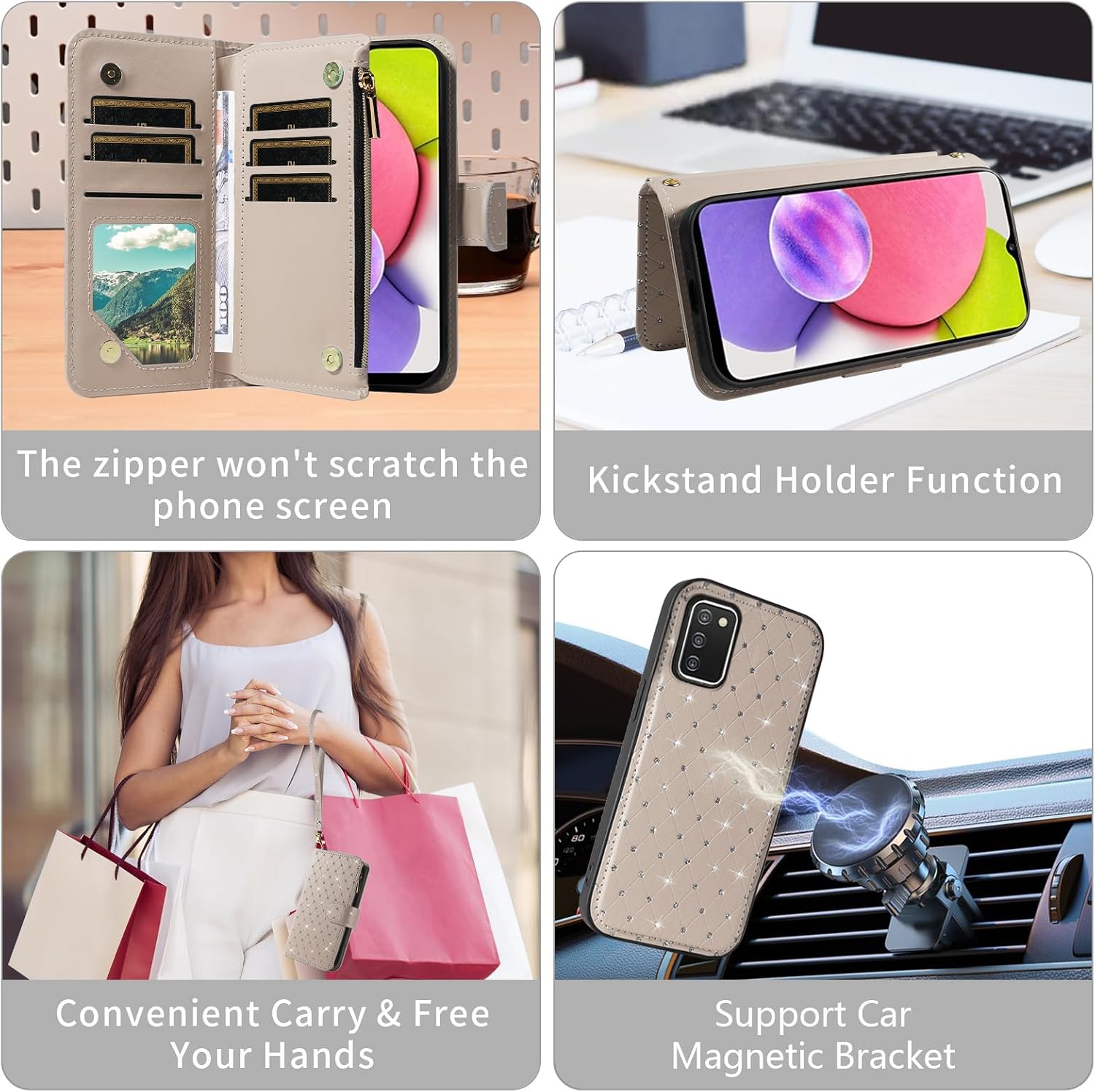 Compatible with Samsung Galaxy A03s US Version 5G 2022 Wallet Case Zipper Cell Screen Protector Crossbody Strap Glitter Flip Card Holder Phone Cover for Ao3s A 03s SM-A037U SM A037U Women Grey